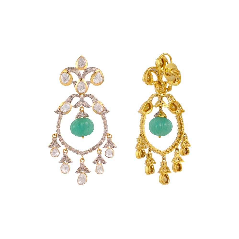 Polki Earring with Carved Emerald Melon Drop